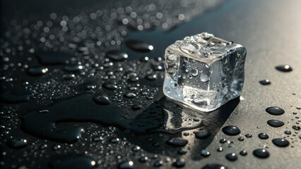 Melting crystal-clear ice cube surrounded by droplets against dark backdrop, highlighting fragility, freshness, and minimalism.
