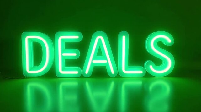 Exciting neon blue DEALS sign glows brilliantly on green, promising savings and attracting customers with its vibrant, eye-catching appeal