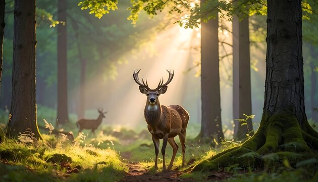 Majestic deer in a sunlit forest