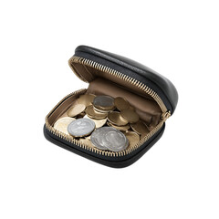 Elegant leather coin purse overflowing with gleaming gold and silver currency, ready for secure storage and quick access to funds.