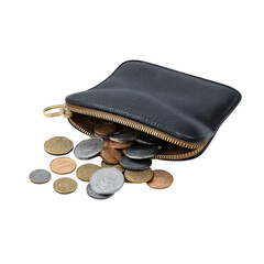 Rich black leather coin purse spilling out a diverse collection of shiny gold, silver, and copper currency coins