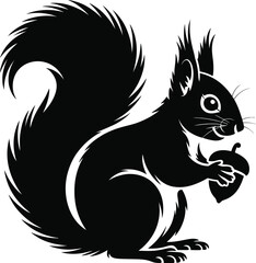 A black silhouette of a squirrel holding a nut in its paws