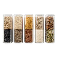 Organized pantry staples in clear containers showcasing healthy grains, seeds, and legumes for modern kitchen organization and healthy eating.
