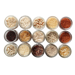 Discover a vibrant collection of healthy grains and seeds meticulously organized in clear jars, perfect for culinary inspiration and wellness content.