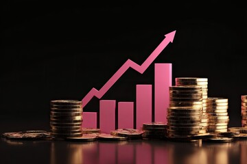 A 3D rendering of a rising pink chart over stacks of gold coins