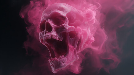 Horror concept of a screaming human skull dissolving into ethereal pink smoke