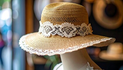 Tan straw sunhat with white lace trim, displayed on a mannequin