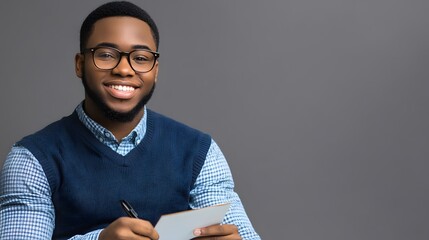 Smiling Black Man Writing Notes Happy Student Studying