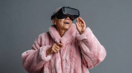 Elderly woman in fluffy pink coat wearing VR headset, exploring virtual reality with funny expression, concept of modern technology and senior lifestyle senior woman VR photo, elde