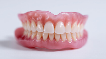 Fototapeta premium Close-up of acrylic full dentures isolated on white background, concept of dental care and prosthetics for elderly patients acrylic dentures photo, dental prosthetics full set, fal