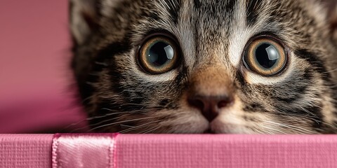 Curious tabby kitten peeking over pink surface for pet adoption campaigns.
