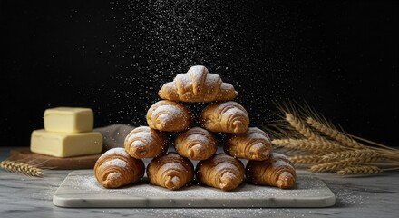 Powdered Sugar Dusted Croissant Pyramid on Marble Board