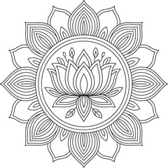 Intricate floral mandala design featuring a lotus flower in black and white