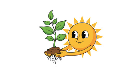 Cartoon sun helping a young plant grow with its roots.
