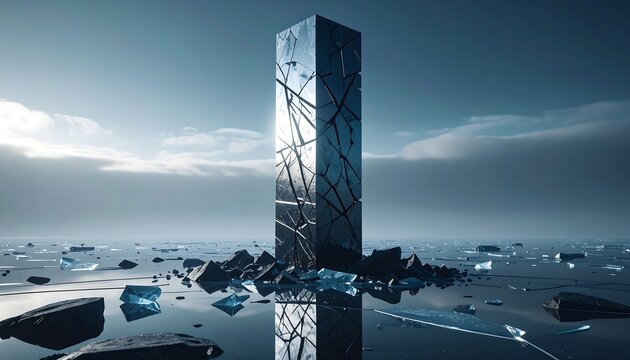 Cracked Column Standing in Water with Reflection Under Cloudy Sky