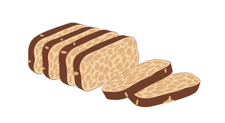 Slices of whole wheat bread loaf on white background.