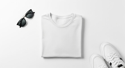 Minimal flat lay t-shirt mockup folded neatly on white surface with sunglasses and sneakers. Perfect for fashion branding, apparel design, clothing template, and lifestyle presentation