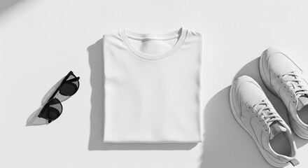Minimal flat lay t-shirt mockup folded neatly on white surface with sunglasses and sneakers. Perfect for fashion branding, apparel design, clothing template, and lifestyle presentation