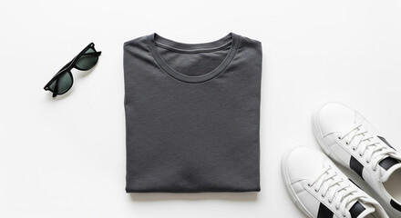 Minimal flat lay t-shirt mockup folded neatly on white surface with sunglasses and sneakers. Perfect for fashion branding, apparel design, clothing template, and lifestyle presentation