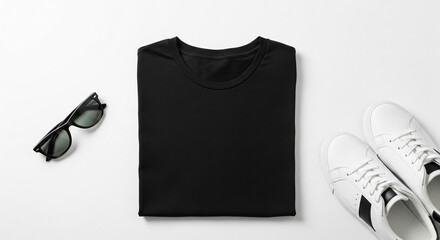Minimal flat lay t-shirt mockup folded neatly on white surface with sunglasses and sneakers. Perfect for fashion branding, apparel design, clothing template, and lifestyle presentation
