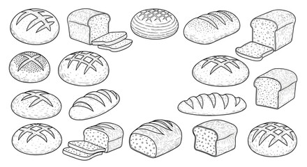 A collection of various types of bread artfully illustrated.