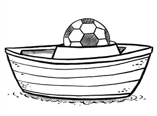 A simple black and white cartoon drawing of a small boat with a soccer ball on top. Water ripples are shown around the boat's base. The boat is depicted with horizontal stripes