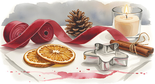 A watercolor illustration of a festive flat lay for holiday baking and making ornaments, ideal for DIY craft blogs and seasonal workshop ads.