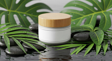 Cosmetic jar mockup on spa stones with leaves and water drops, perfect for skincare branding, natural beauty design, wellness presentation, and organic cosmetic product showcase
