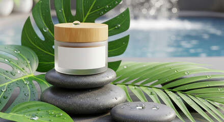 Cosmetic jar mockup on spa stones with leaves and water drops, perfect for skincare branding, natural beauty design, wellness presentation, and organic cosmetic product showcase