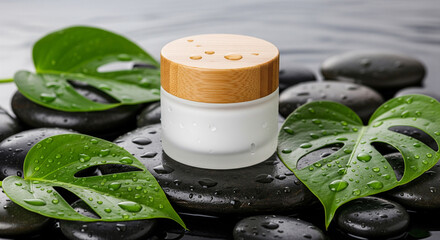 Cosmetic jar mockup on spa stones with leaves and water drops, perfect for skincare branding, natural beauty design, wellness presentation, and organic cosmetic product showcase