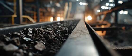 Industrial conveyor belt transporting raw coal in a dark mine Concept of mining, energy resources, and fossil fuels