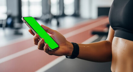 Smartphone fitness app mockup in athlete’s hand, perfect for health tracking, workout branding, sports technology presentation, mobile interface showcase, and active lifestyle promotion