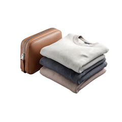 Sophisticated stacked sweaters in neutral tones paired with a sleek leather dopp kit for stylish travel and modern wardrobe essentials.