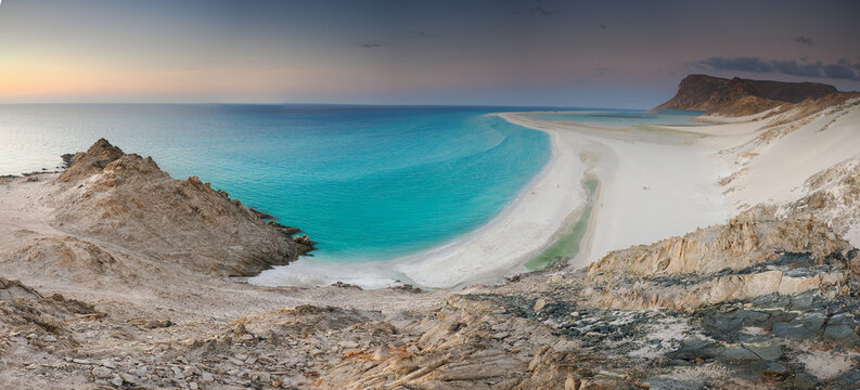 Breathtaking panoramic view of Detwah Lagoon with turquoise ocean and white sand dunes, Socotra Island, Yemen