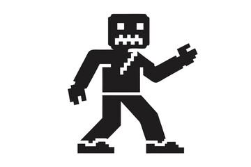 Pixelated black monster character aggressively strides forward, embodying retro gaming style and threatening pose