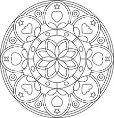 Intricate circular mandala design with hearts stars and floral elements