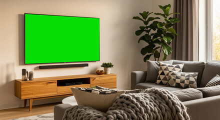 Smart TV screen mockup in Scandinavian living room, minimalist interior, modern home design, ideal for branding, streaming service showcase, digital content display, and stylish media presentation