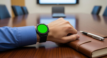 Smartwatch mockup on businessman’s wrist during meeting, modern wearable tech for branding, productivity, lifestyle, corporate presentation, and digital device showcase in professional environment