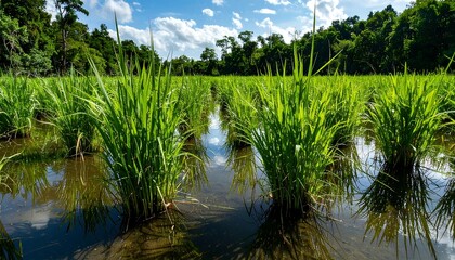 Lush young rice paddy under a partly cloudy sky