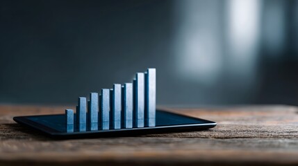 A 3D bar graph showing upward growth displayed on a tablet screen placed on a wooden surface