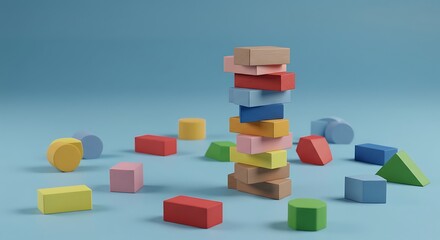 Fototapeta premium Tower of colorful wooden blocks stands tall on blue surface surrounded by scattered pieces, creating playful and educational scene.