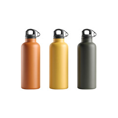 Three sleek reusable water bottles in earthy tones, perfect for hydration on the go, camping, or stylish everyday use.