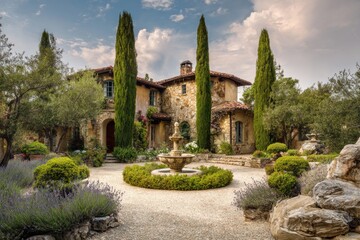 Beautiful stone villa surrounded by greenery and tall cypress trees with a central fountain in a peaceful garden setting during the late afternoon