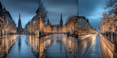 Obraz premium twilight city street triptych with glowing string lights, wet pavement reflections and church steeple in serene festive composition
