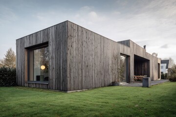 Fototapeta premium A contemporary wooden house boasts expansive windows, nestled amidst a lush green lawn, all set against a backdrop of a cloudy afternoon in a serene residential neighborhood