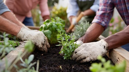 People planting herbs together in a community garden during warm daylight hours