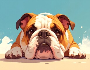 Cute bulldog resting on sand