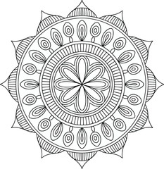 Intricate black and white mandala design with concentric circular patterns