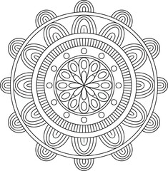 Intricate black and white circular mandala design for coloring or meditation