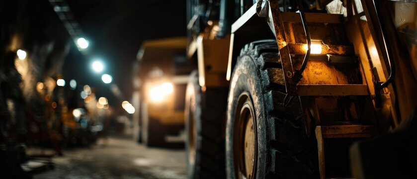 Heavy machinery wheel loader in underground mine tunnel with dim lighting, showcasing industrial equipment and mining operations Concept of construction and engineering